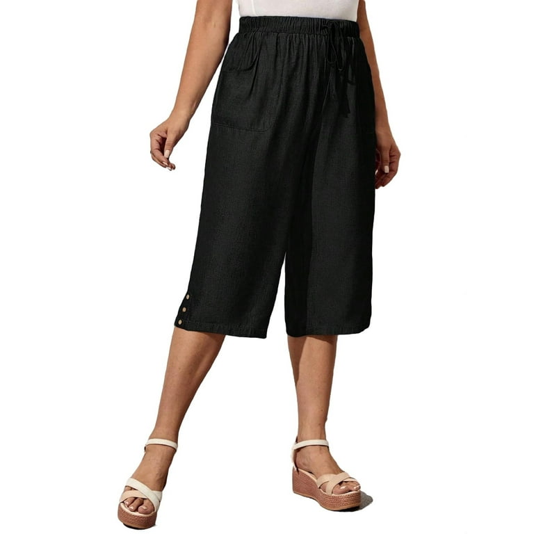 Women's Casual Plain Straight Leg Black Capris Plus Size Pants 1XL (14)