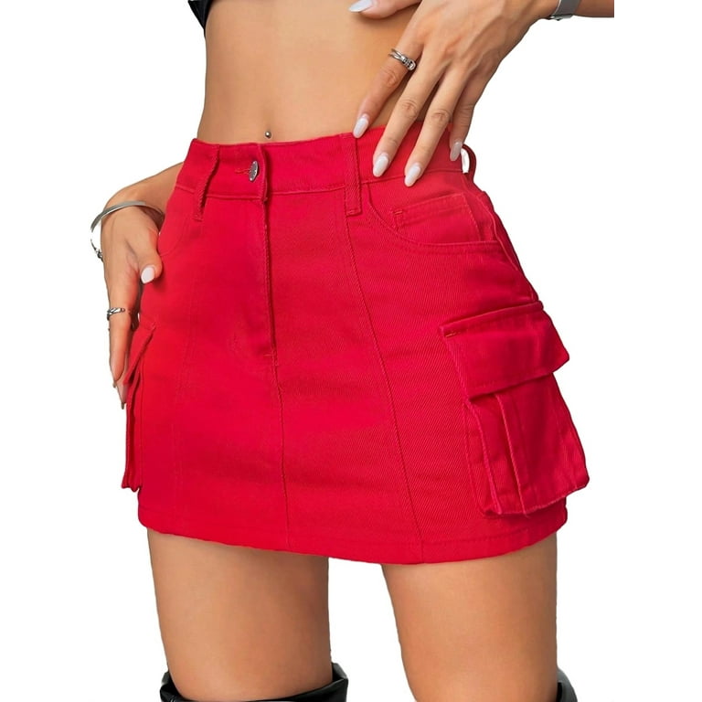 Dark red denim skirt hotsell