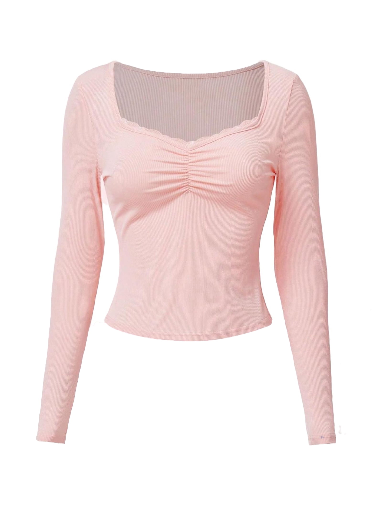 Women's Casual Plain Sweetheart Long Sleeve Baby Pink TShirts S