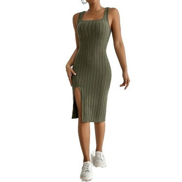 Women's Casual Plain Tank Square Neck Army Green Sleeveless Dresses Petite XXS (0)