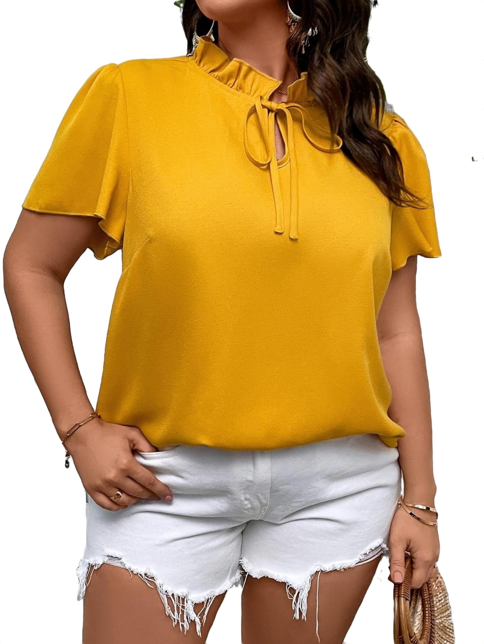 Women's Casual Plain Top Tie Neck Mustard Yellow Plus Size Blouses 1XL