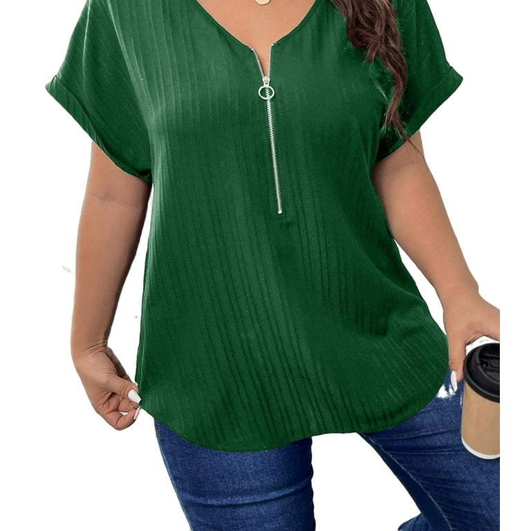 Women's Casual Plain Top V neck Dark Green Plus Size Blouses 2XL 