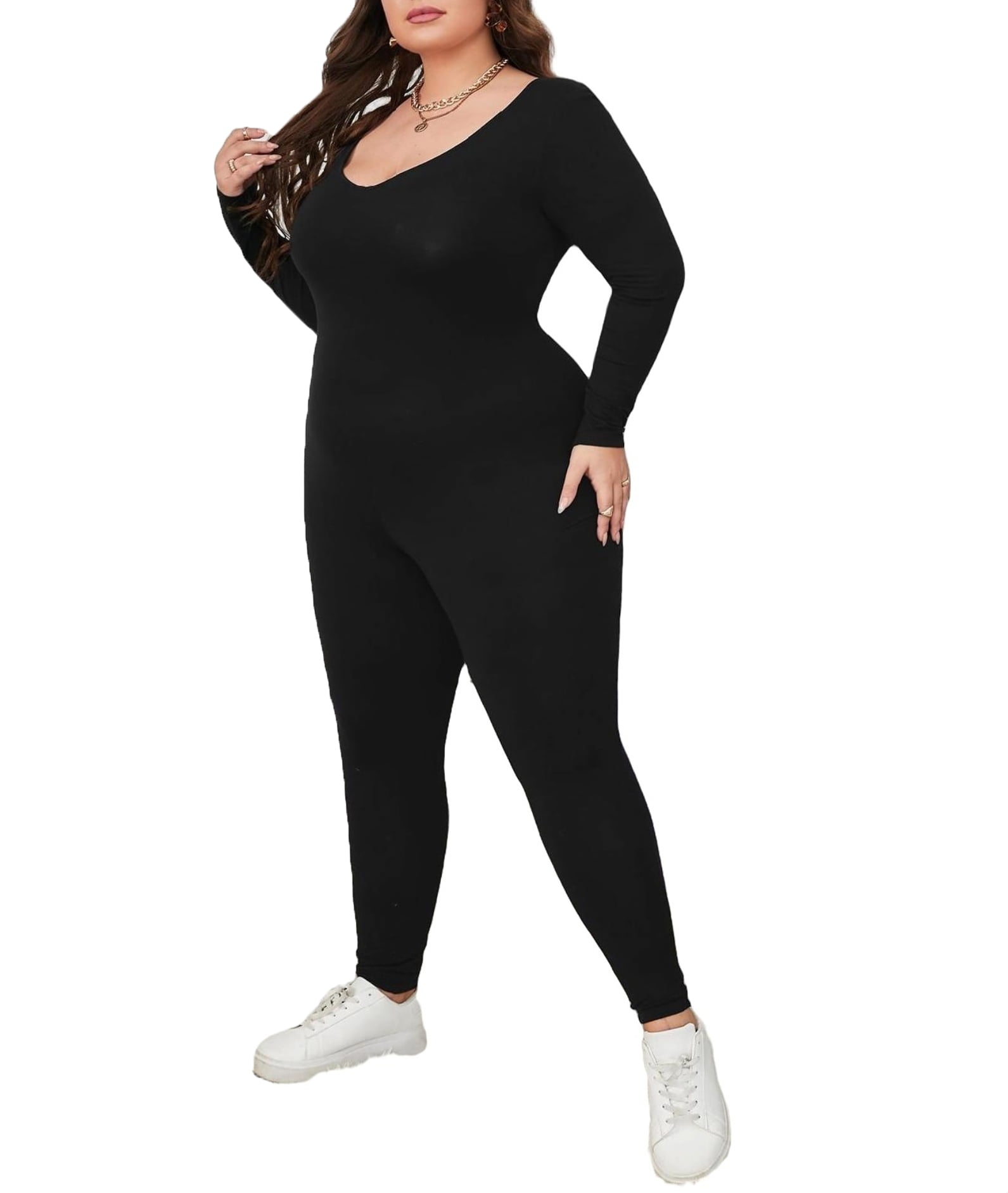 Women s Casual Plain Unitard V neck Black Plus Size Jumpsuits 1XL