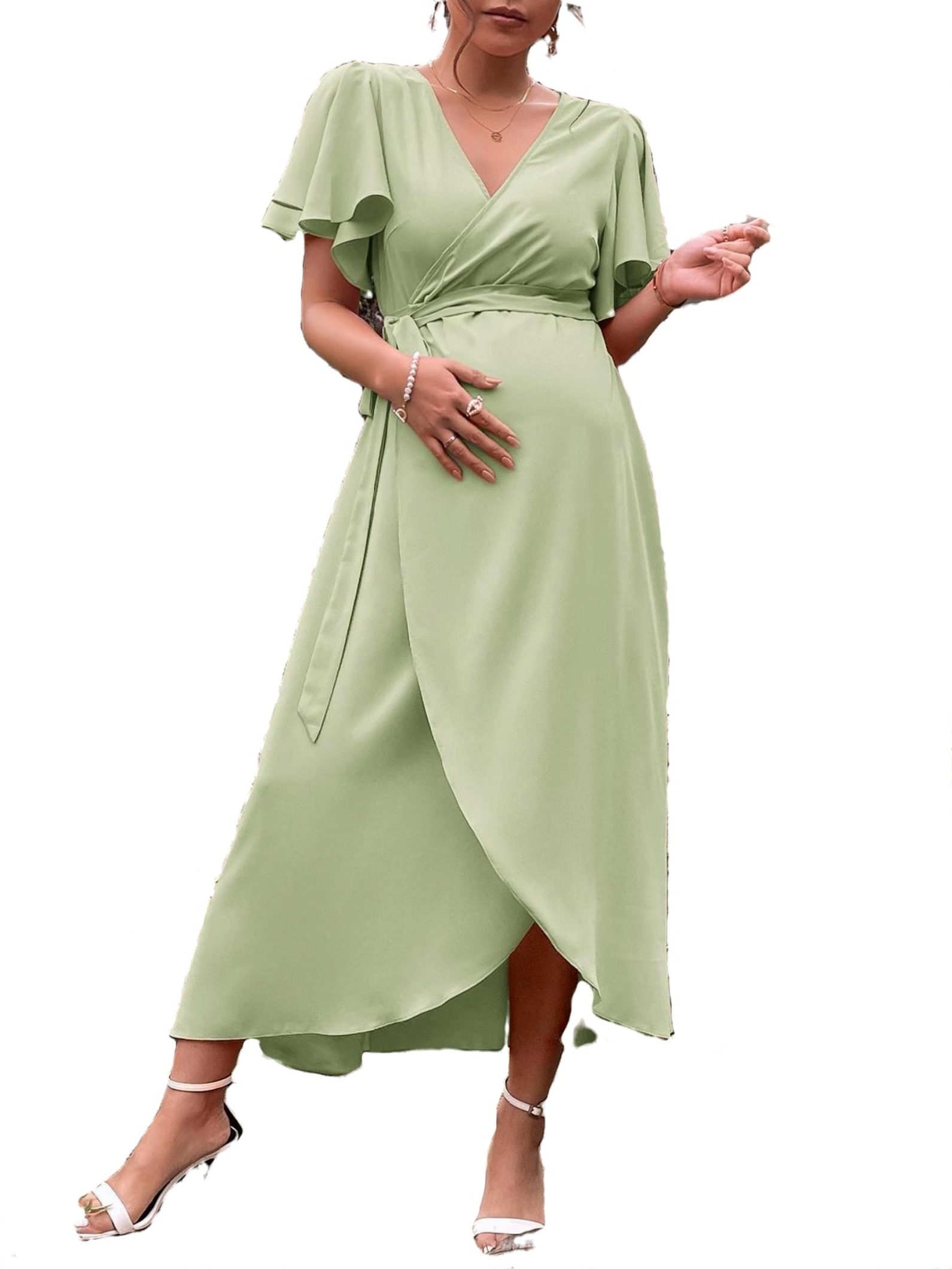 Women's Casual Plain V neck A Line Short Sleeve Mint Green Maternity