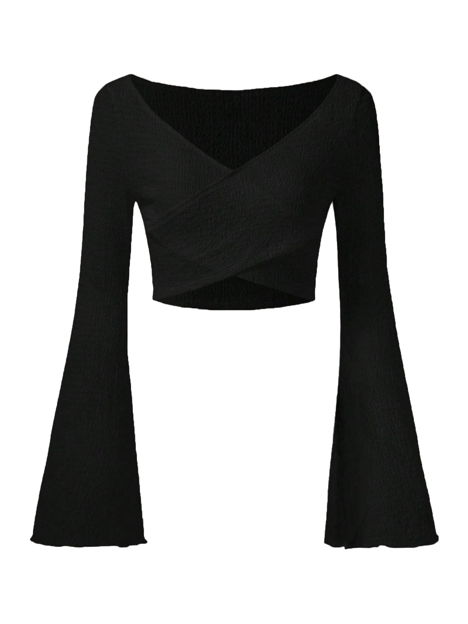Women's Casual Plain V neck Long Sleeve Black Tops XS