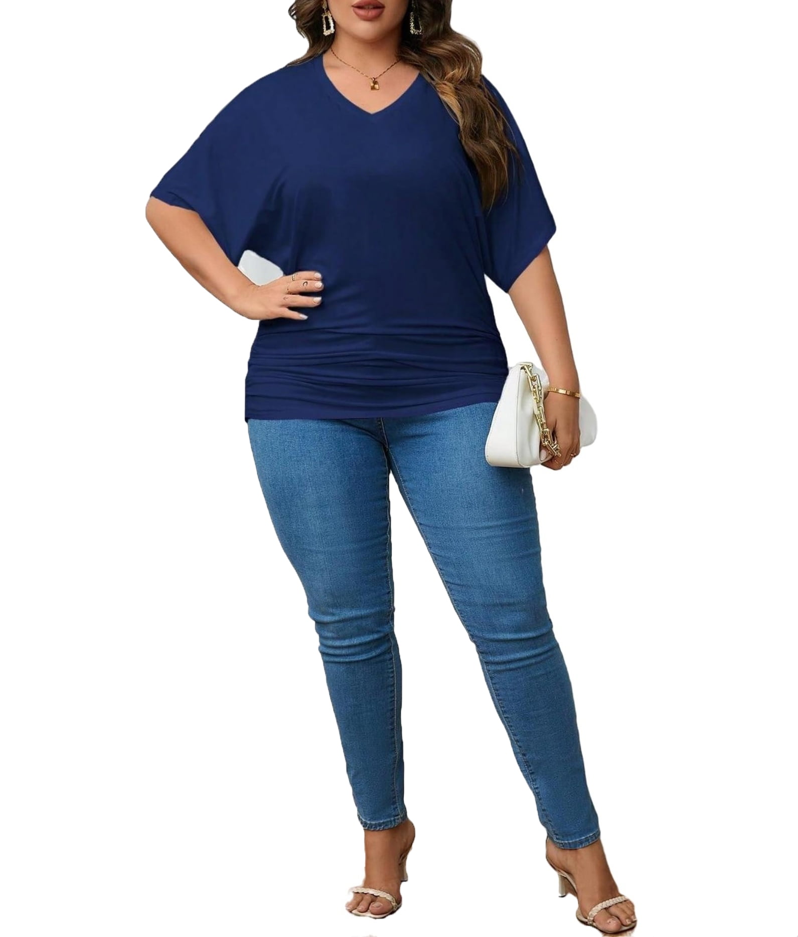 Women's Casual Plain V neck Navy Blue ElbowLength Plus Size Tshirts