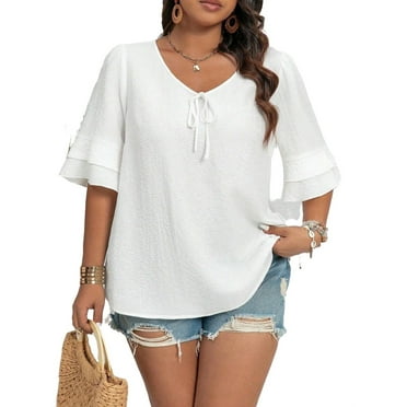 Women's Casual Plain V neck Short Sleeve White Plus Size Blouses 0XL (12)