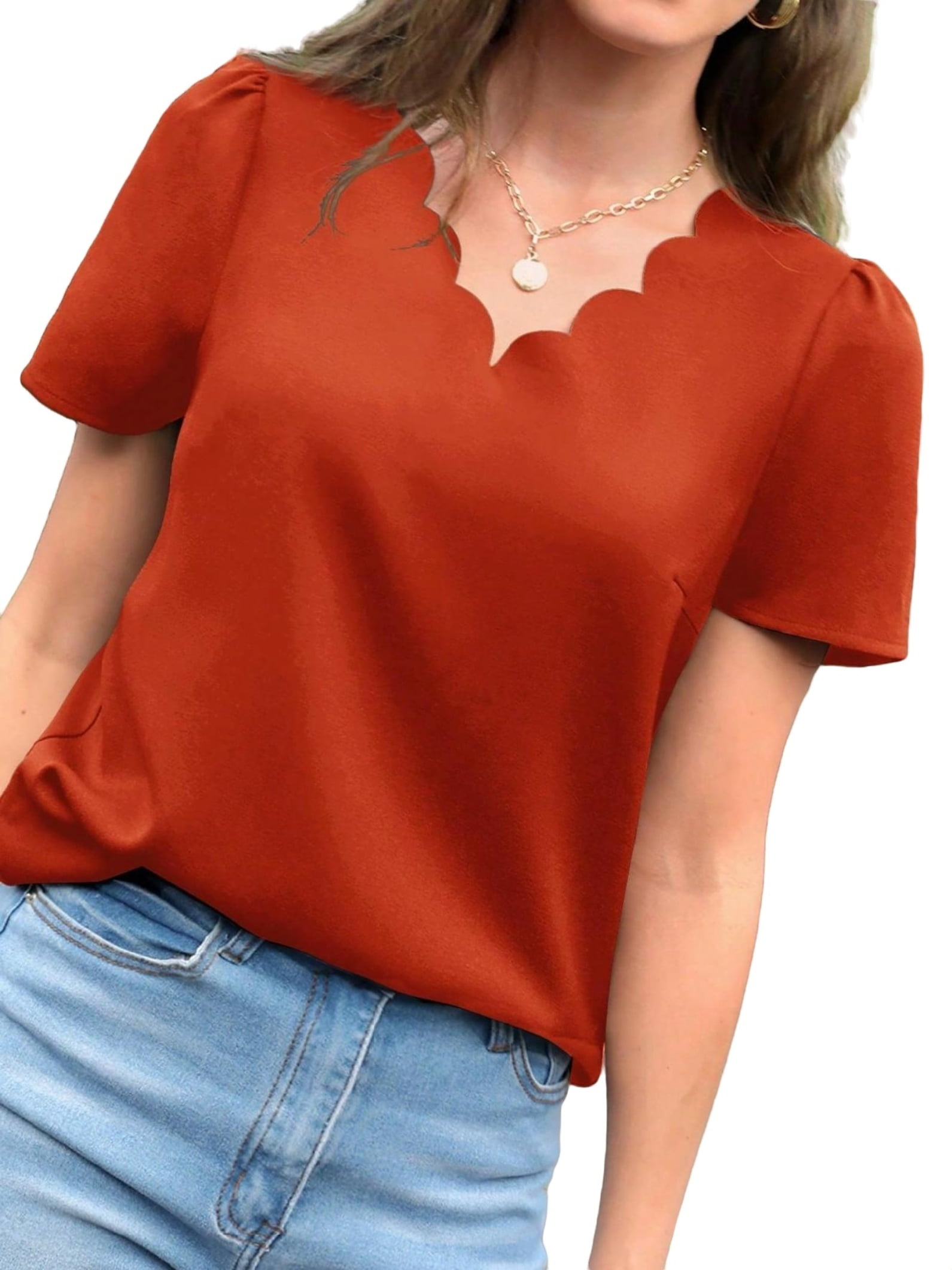 Women's Casual Plain V neck Top Short Sleeve Burnt Orange Blouses S