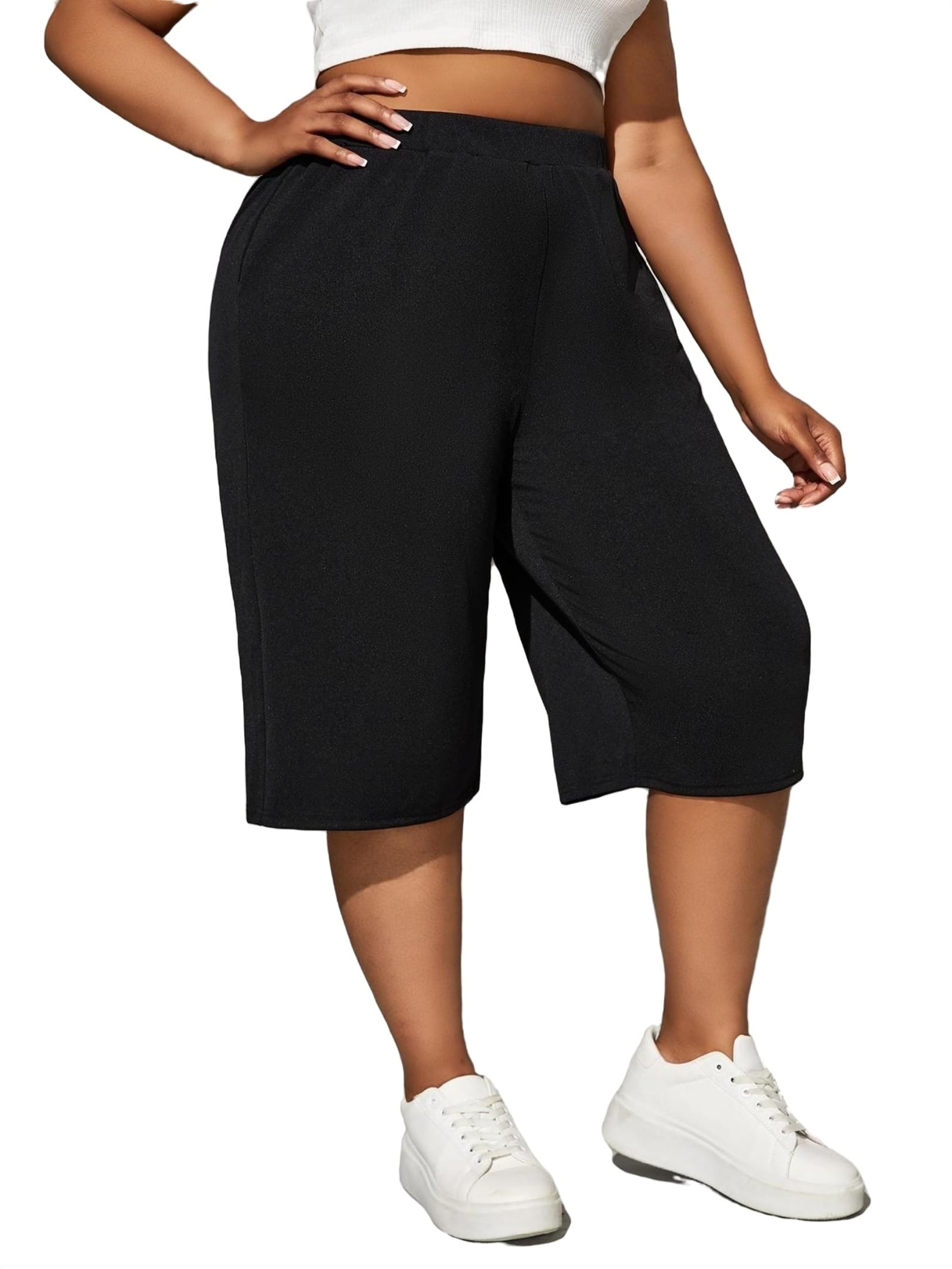 Women's Casual Plain Wide Leg Black Capris Plus Size Pants 3XL (18)