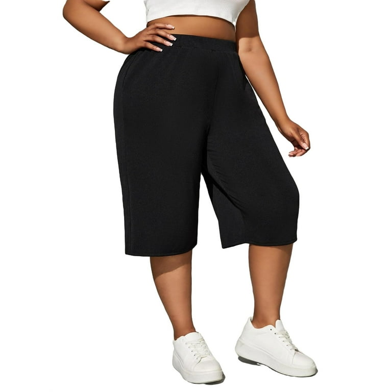 Women's Casual Plain Wide Leg Black Capris Plus Size Pants 4XL (20)