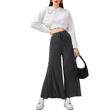 Women's Casual Plain Wide Leg Dark Grey Pants M (6)