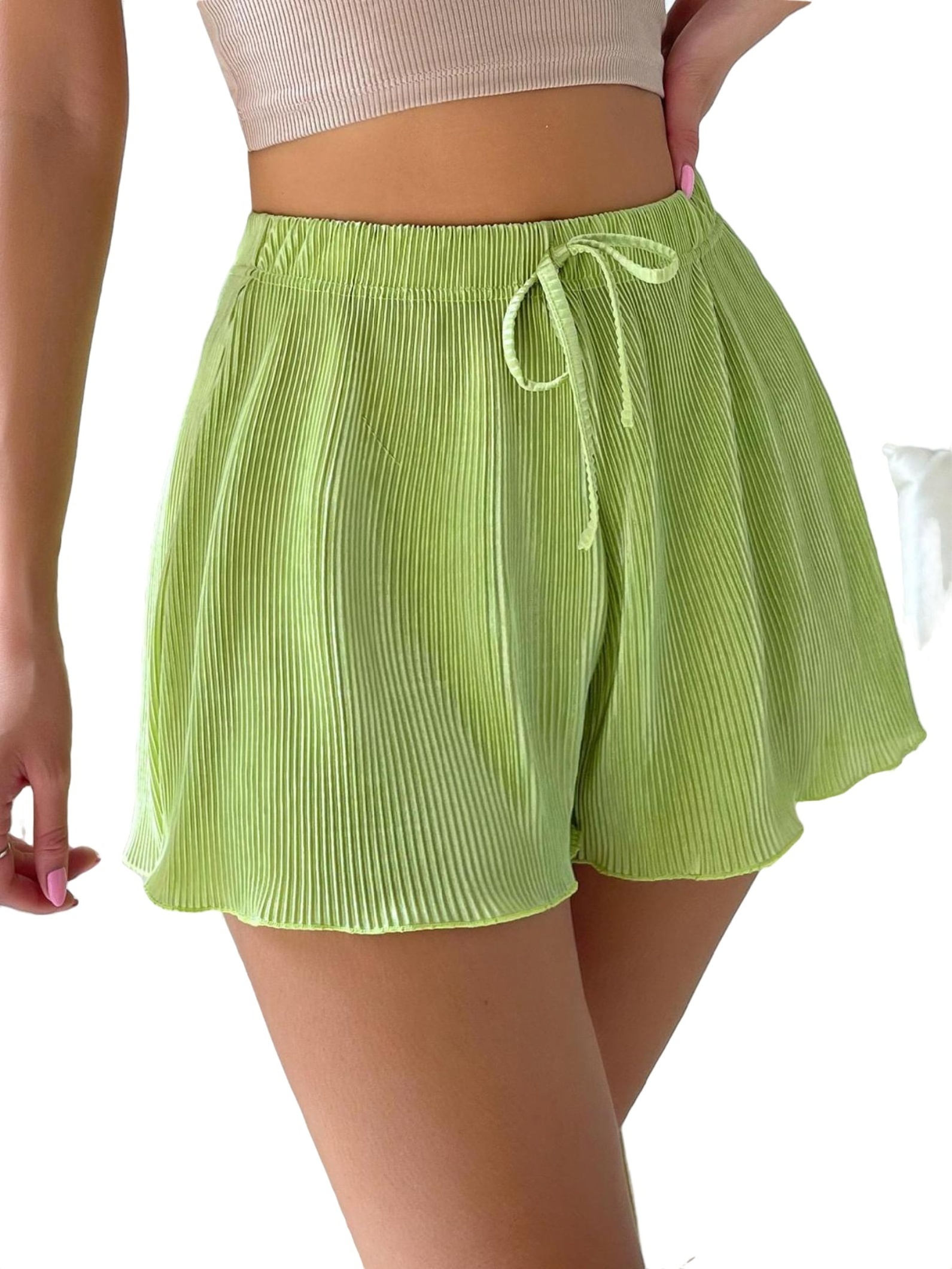 Women's Casual Plain Wide Leg Lime Green Shorts M