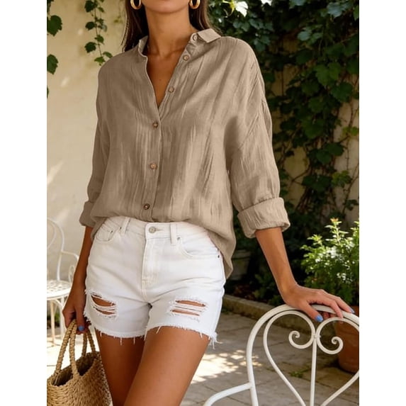 Women's Casual Plain Wrinkle Fabric 3/4 Sleeve Front Button Up Lapel Shirts