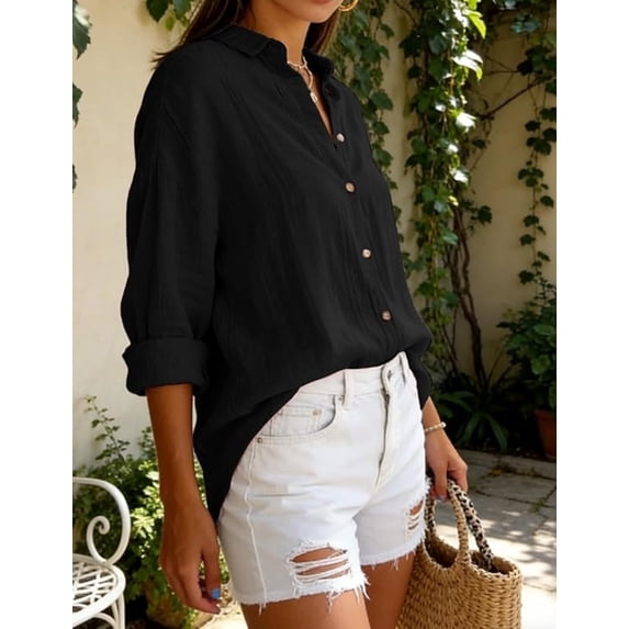 Women's Casual Plain Wrinkle Fabric 3/4 Sleeve Front Button Up Lapel Shirts