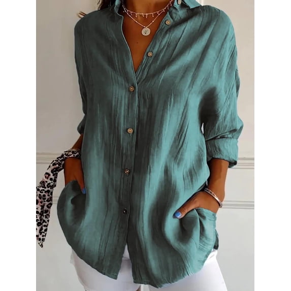 Women's Casual Plain Wrinkle Fabric 3/4 Sleeve Front Button Up Lapel Shirts