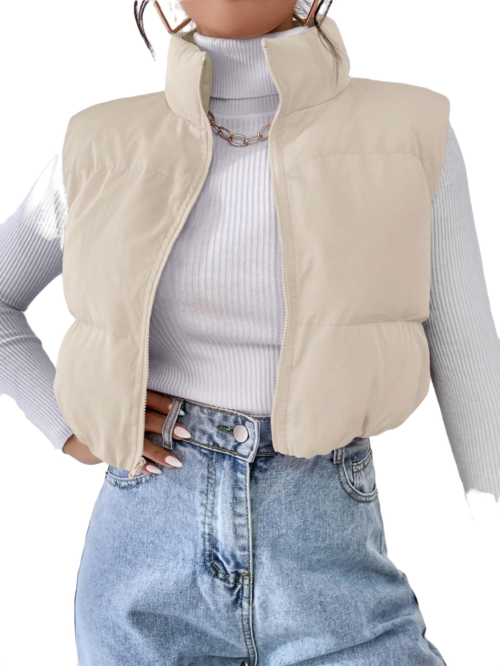 Women's Casual Plain vest High Neck Apricot Sleeveless Winter Coats XS — free download