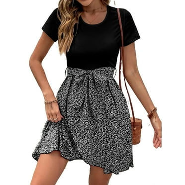 Women's Casual Plants A Line Round Neck Black and White Short Sleeve Dresses S (4)