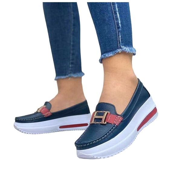 Women's Casual Platform Loafers Comfortable Orthopedic Sneakers Retro Wedge Business Dress Shoes Lightweight Non Slip Walking Shoes Blue Size 9