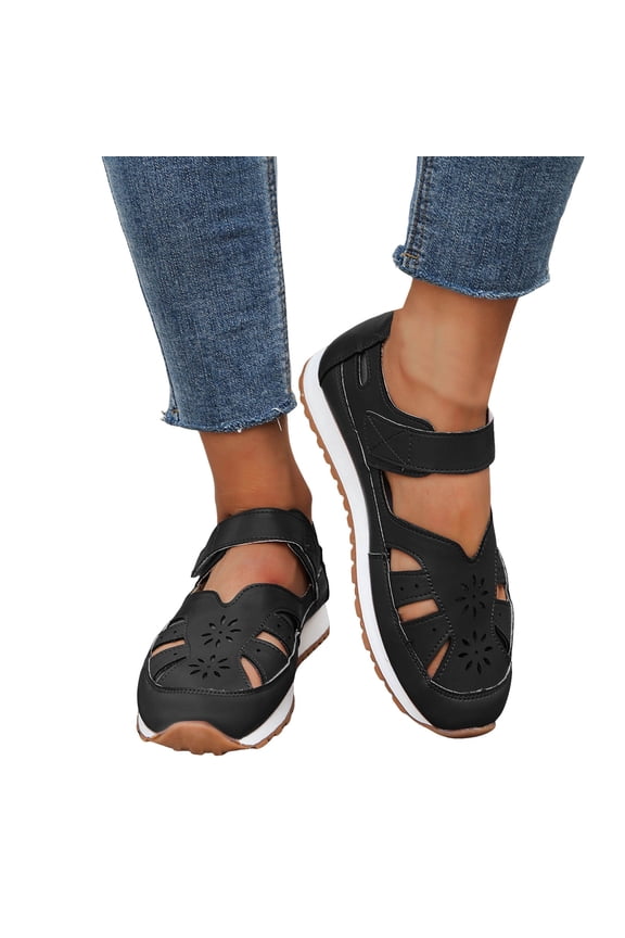 Women's Casual Platform Wedge Leather Sandals Closed Toe Slip On Dress Sandal Non Slip Walking Shoes with Ankle Strap Black Size 6