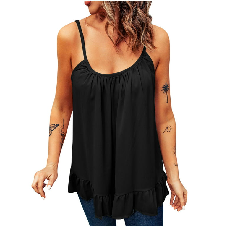 Women's Casual Pleated Camis Sleeveless Spaghetti Strap Ruffle Hem Summer  Loose Solid Color Flowy Cami Tank Tops