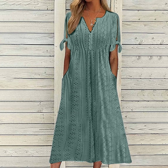 Women's Casual Pleated Dress Solid Lace Hollow Button Pocket Dress Bow Short Sleeve V Neck Midi Dress Long Maxi Dresses for Women Summer Short Sleeve Maxi Dress Plain Summer Dresses Cute Dresses for