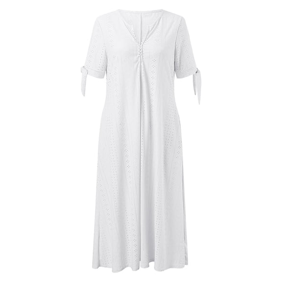 Women's Casual Pleated V Neck Midi Dress - Solid Lace Hollow Button, Short Sleeve, Polyester Spandex - S-XXXXXL