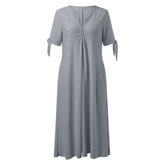 Women's Casual Pleated V Neck Midi Dress - Solid Lace Hollow Button, Short Sleeve, Polyester Spandex - S-XXXXXL