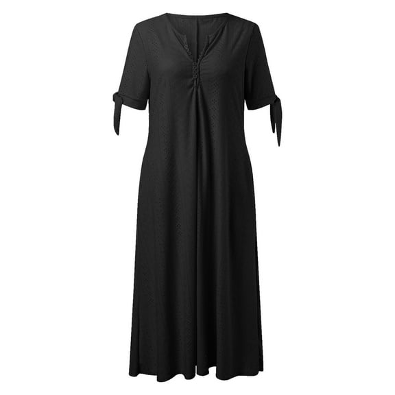 Women's Casual Pleated V Neck Midi Dress - Solid Lace Hollow Button, Short Sleeve, Polyester Spandex - S-XXXXXL