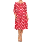 Womens Casual Plus Loose Fit 3/4 Sleeve Jersey Knit A-Line Big Polka Dot Midi Dress