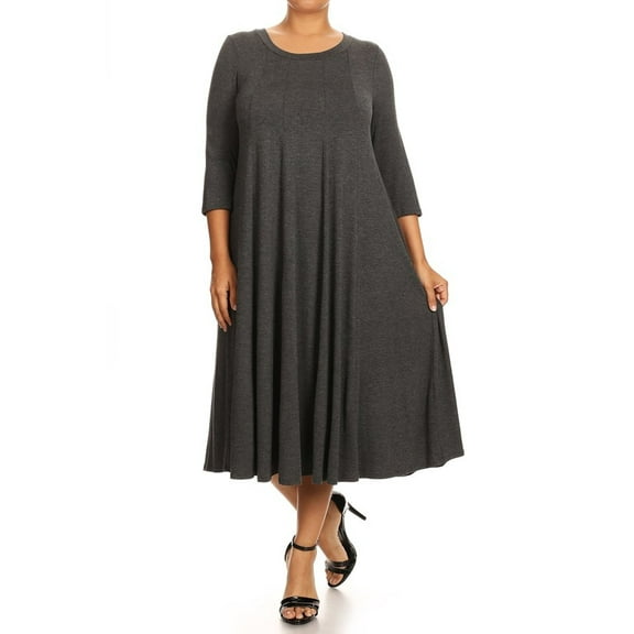 Women's Casual Plus Size Loose Fit 3/4 Sleeve Jersey Knit A-Line Solid Midi Dress