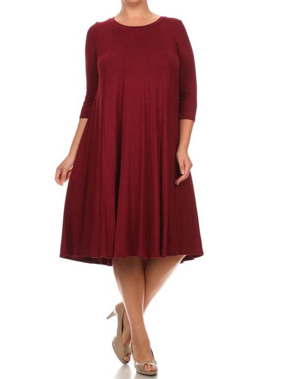 Women's Casual Plus Size Loose Fit 3/4 Sleeve Jersey Knit A-Line Solid Midi Dress