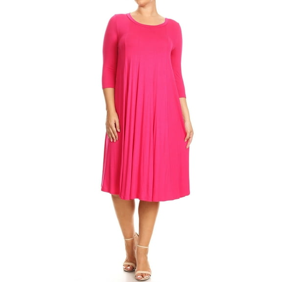 Women's Casual Plus Size Loose Fit 3/4 Sleeve Jersey Knit A-Line Solid Midi Dress