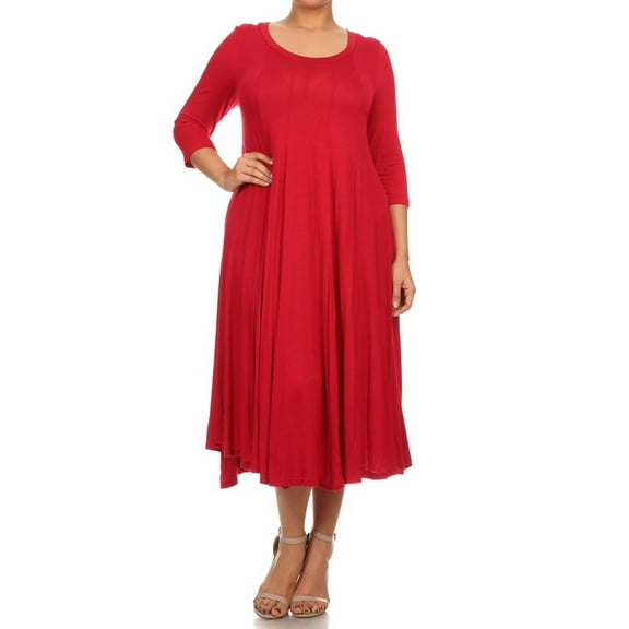 Women's Casual Plus Size Loose Fit 3/4 Sleeve Jersey Knit A-Line Solid Midi Dress