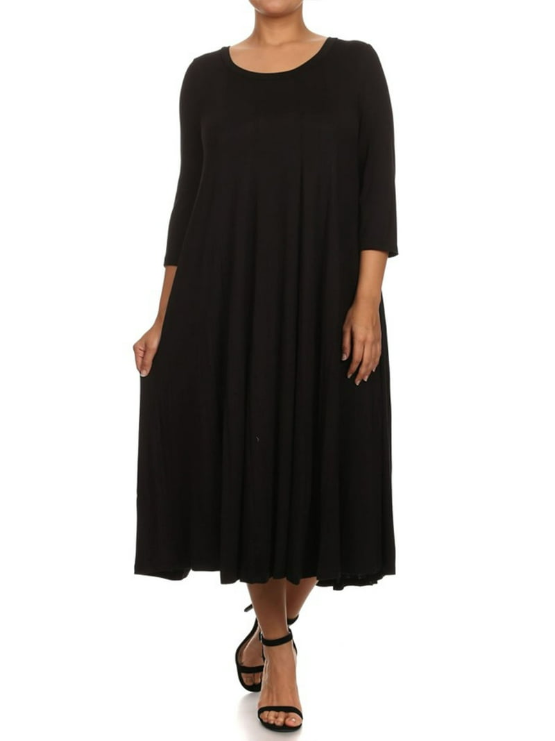 Women's Casual Plus Size Loose Fit 3/4 Sleeve Jersey Knit A-Line Solid Midi  Dress - Walmart.com