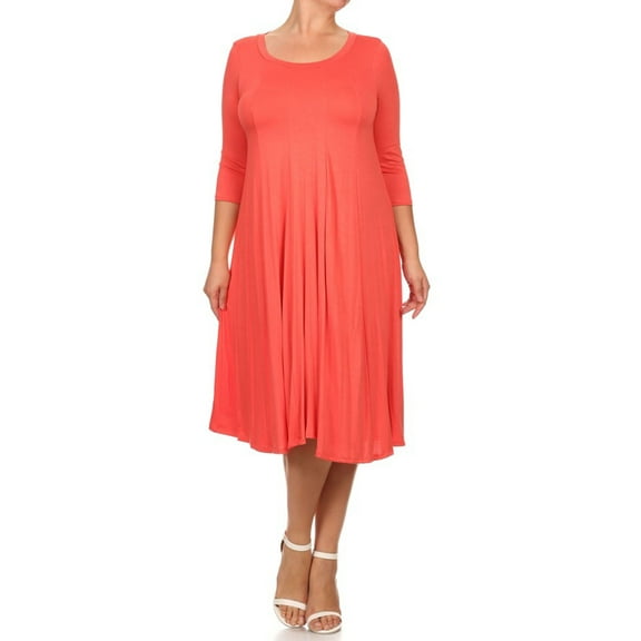 Women's Casual Plus Size Loose Fit 3/4 Sleeve Jersey Knit A-Line Solid Midi Dress