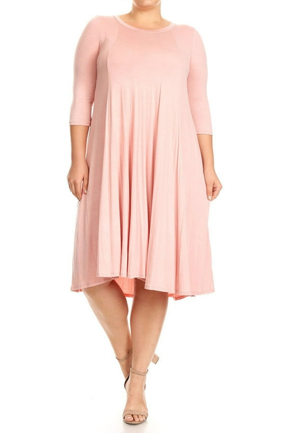 Women's Casual Plus Size Loose Fit 3/4 Sleeve Jersey Knit A-Line Solid Midi Dress