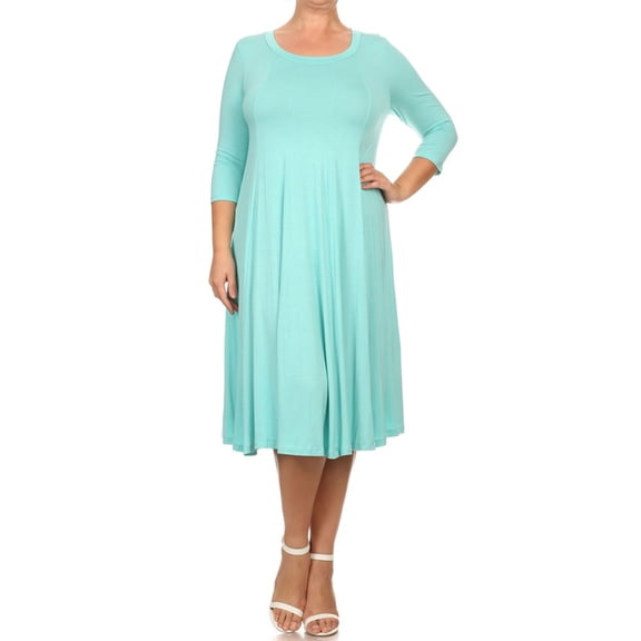 Women's Casual Plus Size Loose Fit 3/4 Sleeve Jersey Knit A-Line Solid Midi Dress