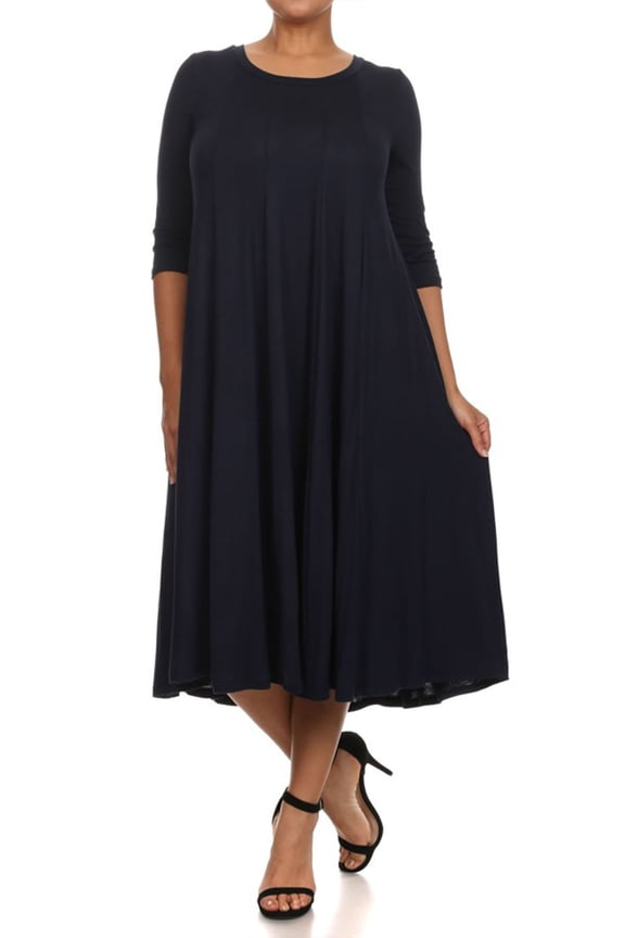Women's Casual Plus Size Loose Fit 3/4 Sleeve Jersey Knit A-Line Solid Midi Dress
