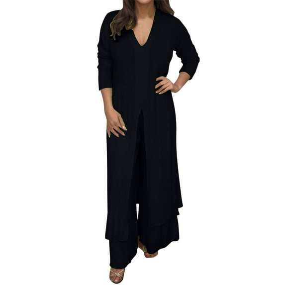 Women's Casual Plus Mother of The Bride Pant Suits plus Size Size V Neck Long Sleeved Chiffon Shirt Beach Suit Slit Long Top + Trousers Suit Blouse Bottom Womens Dressy Suits Shower Suit Rompers with