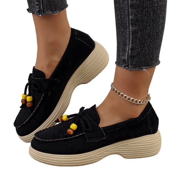 Women's Casual Plus Size Beaded Bow Walking Shoes, Suede Round Toe Loafers Design with Breathable Lining, Comfortable Slip on Sneakers for Daily Wear