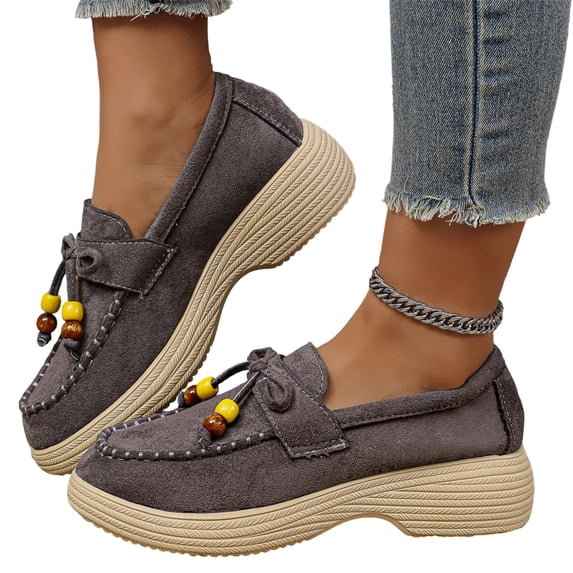 Women's Casual Plus Size Beaded Bow Walking Shoes, Suede Round Toe Loafers Design with Breathable Lining, Comfortable Slip on Sneakers for Daily Wear