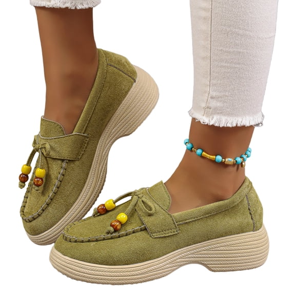 Women's Casual Plus Size Beaded Bow Walking Shoes, Suede Round Toe Loafers Design with Breathable Lining, Comfortable Slip on Sneakers for Daily Wear