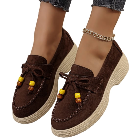 Women's Casual Plus Size Beaded Bow Walking Shoes, Suede Round Toe Loafers Design with Breathable Lining, Comfortable Slip on Sneakers for Daily Wear