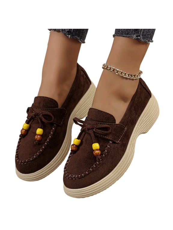 Women's Casual Plus Size Beaded Bow Walking Shoes, Suede Round Toe Loafers Design with Breathable Lining, Comfortable Slip on Sneakers for Daily Wear