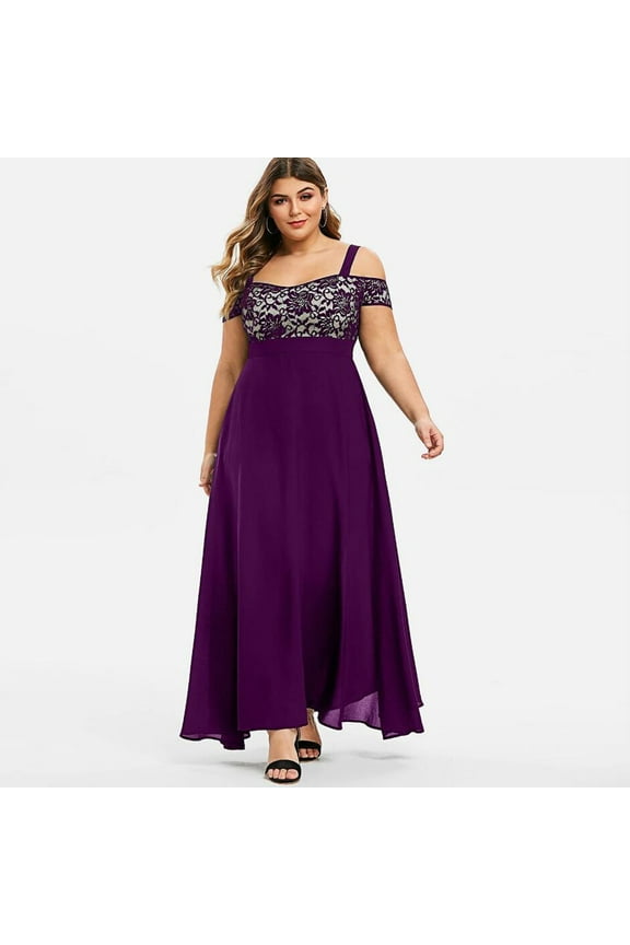 Women's Casual Plus Size Cold Shoulder Floral Lace Maxi Party Evening Camis Long Dress Cold Shoulder Party Dress