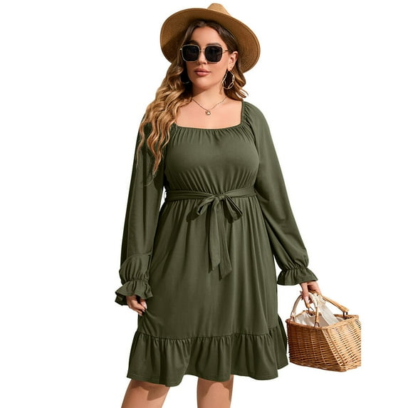 Women's Casual Plus Size Dress Short Sleeve High Waist Ruffle Summer Midi Dress With Belt