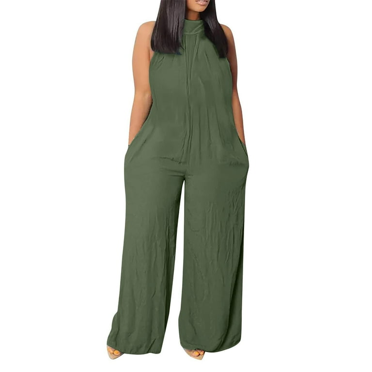 BUFGACEH Women s Casual Plus Size Jumpsuits Loose Solid Print Sleeveless Romper One Piece Wide Leg Pants Onesies with Pockets Size 2XL Black
