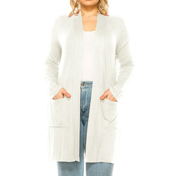 Women's Casual Plus Size Long Sleeve Loose Fit Solid Open Cardigan with Side Pockets