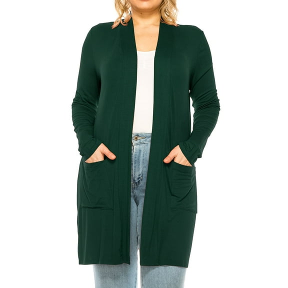 Women's Casual Plus Size Long Sleeve Loose Fit Solid Open Cardigan with Side Pockets