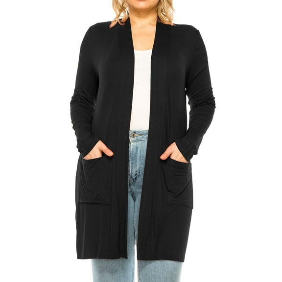 Women's Casual Plus Size Long Sleeve Loose Fit Solid Open Cardigan with Side Pockets
